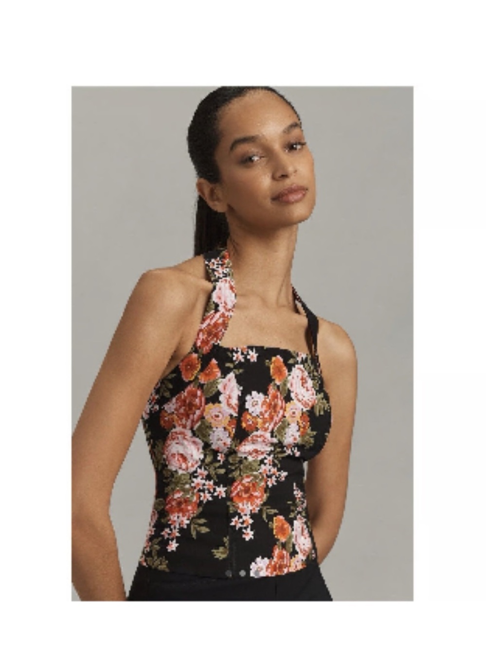 Anthropologie Maeve Retro Halter Floral Tropical Top Black Motif Size Small